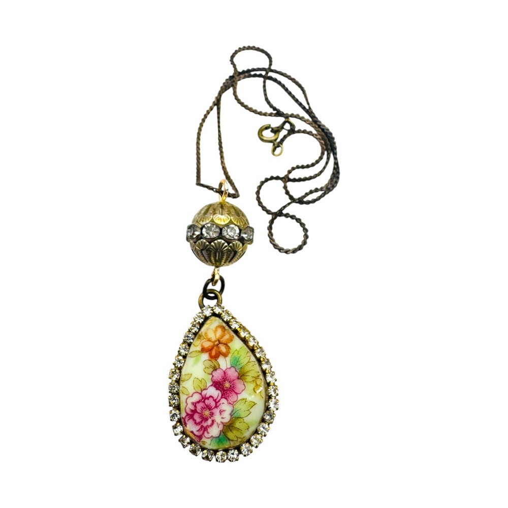 Bavaria China Teardrop Floral Pendant Necklace W/ Rhinestones & Gold-Tone Chain